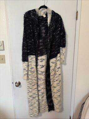Sun & Shadow Black and Cream Long Open Fuzzy Cardigan